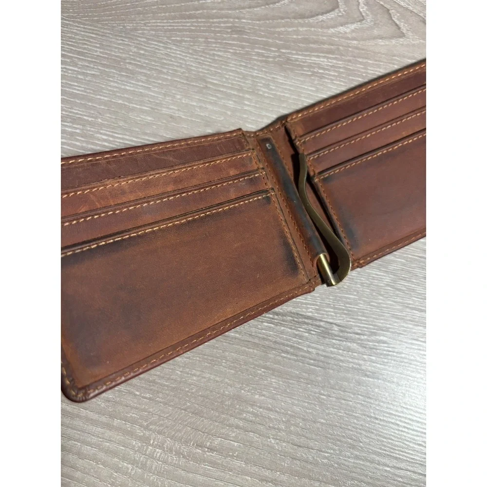 Kinzd Mens Brown Leather Bifold Money Clip Wallet with ID Window Minimalist